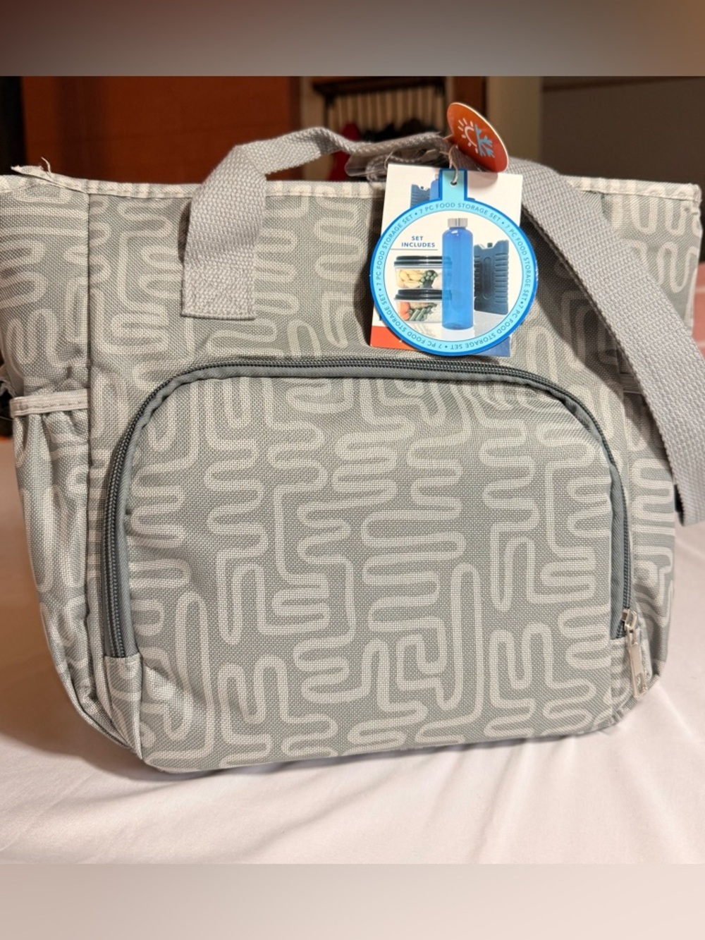 Insulated Gray Patterned Lunch Tote with Reusable Containers and Bottle